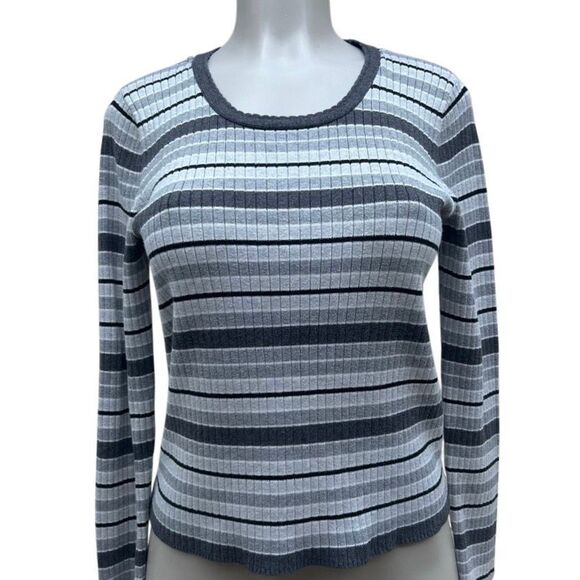 Liz Claiborne Lizsport Sweater Womens Medium Gray Striped Ribbed Stain Resistant - Picture 11 of 12